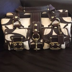 Coach Ivory Canvas Satchel Brown Leather Purse